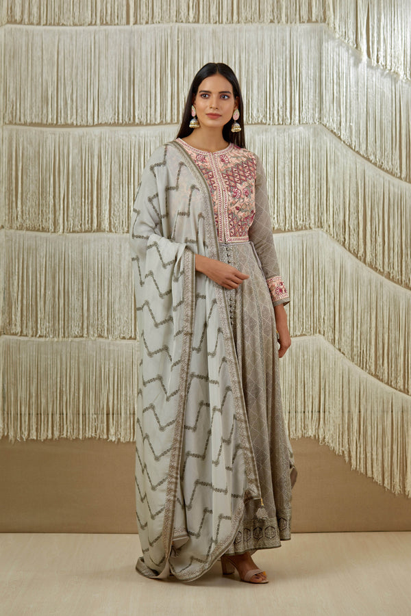 Grey Anarkali set.