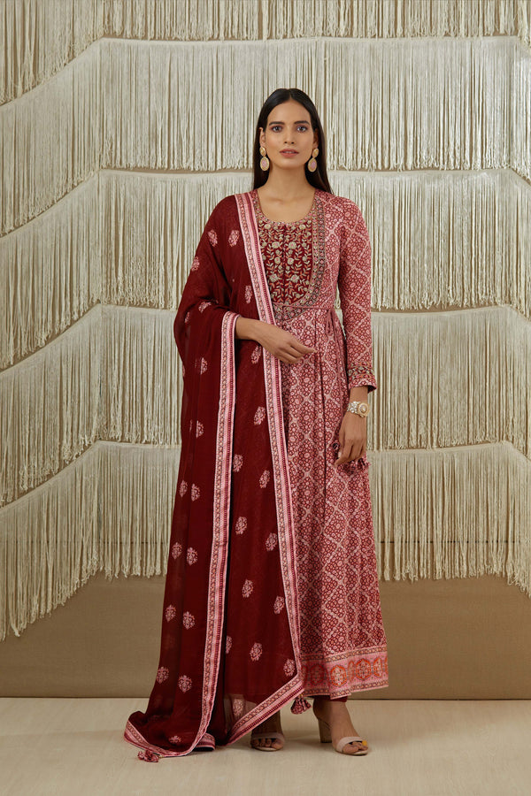 Dark Maroon Anarkali set.