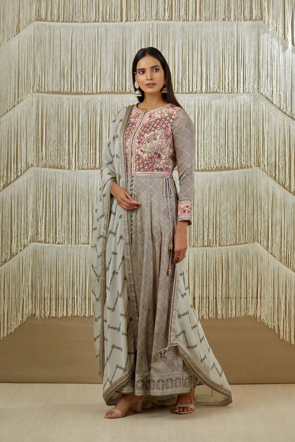 Grey Anarkali set.