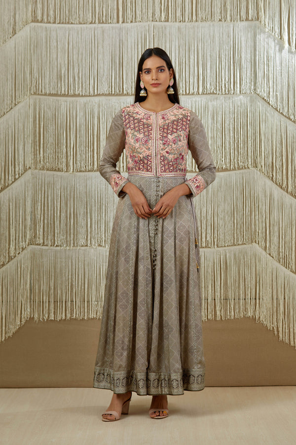 Grey Anarkali set.