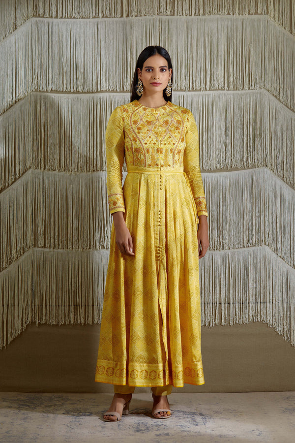 Yellow Anarkali set.