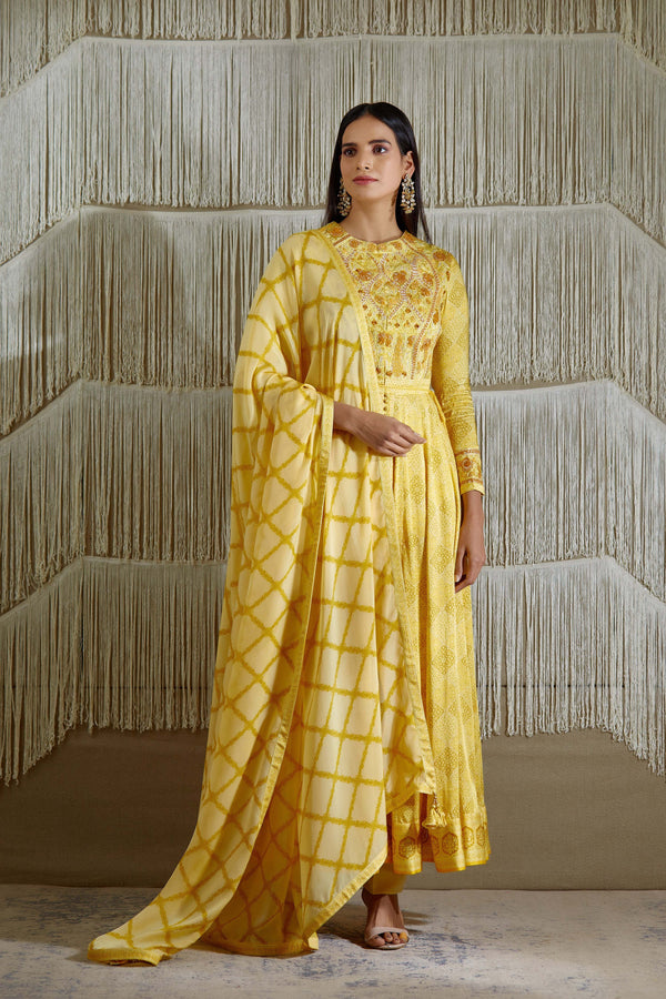 Yellow Anarkali set.