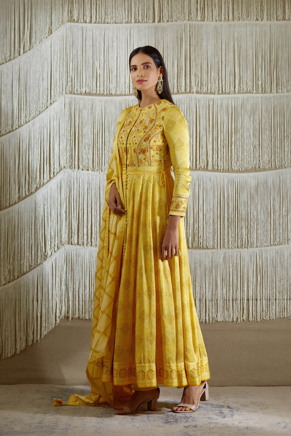 Yellow Anarkali set.