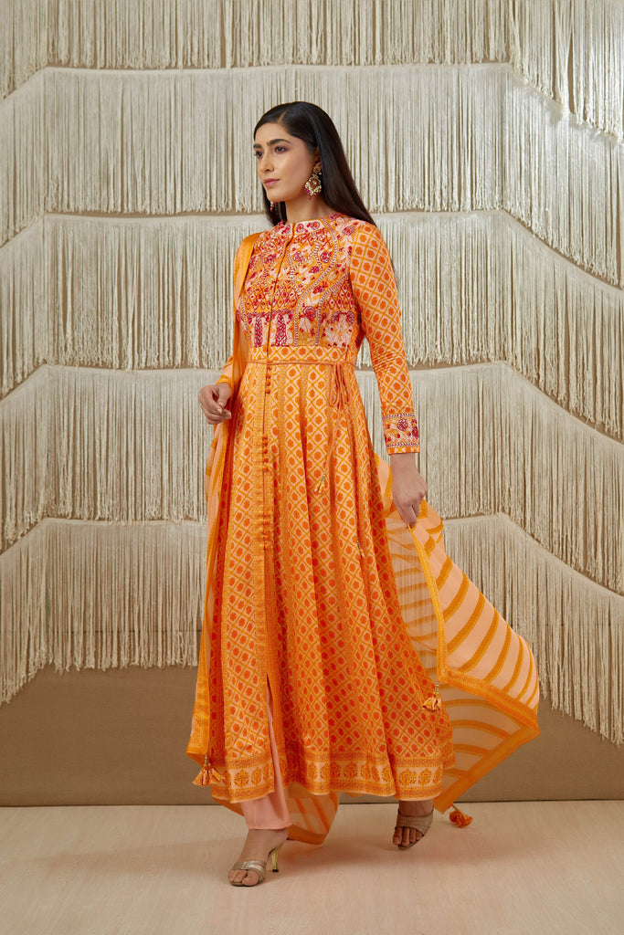 Bright Orange Anarkali set.