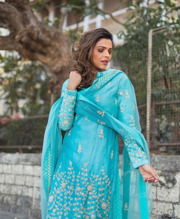 Sea Blue Kurta & Lehenga Set.