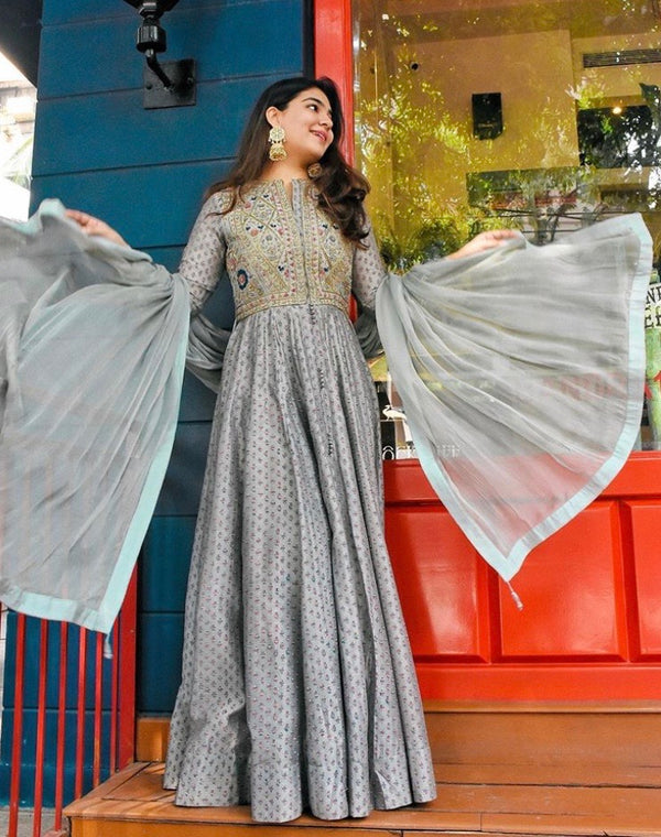 Blue Grey Anarkali Set.