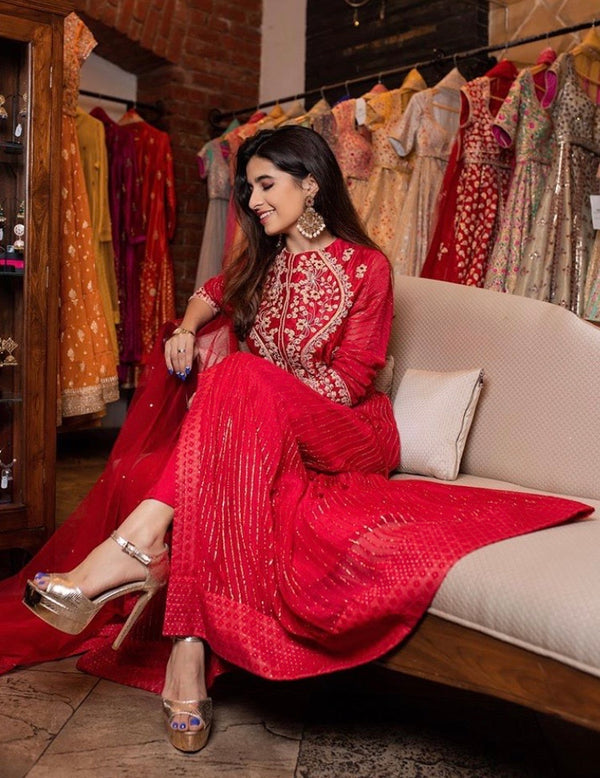 Coral Red Anarkali Set