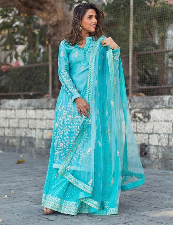 Sea Blue Kurta & Lehenga Set.