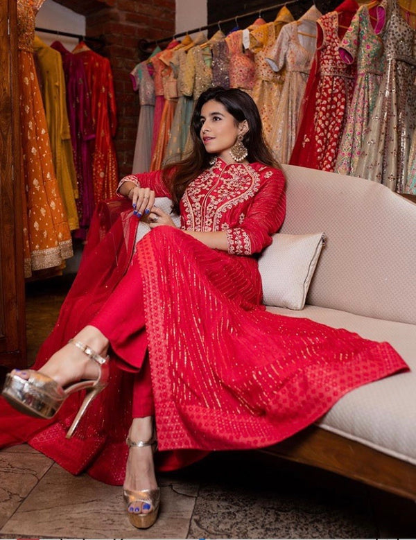 Coral Red Anarkali Set