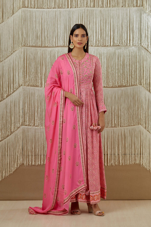 Pink Anarkali set.