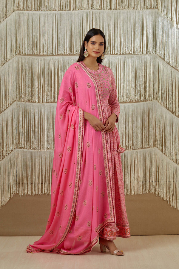 Pink Anarkali set.