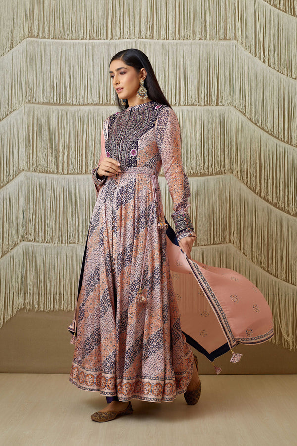 Pink Navy Blue Anarkali set.