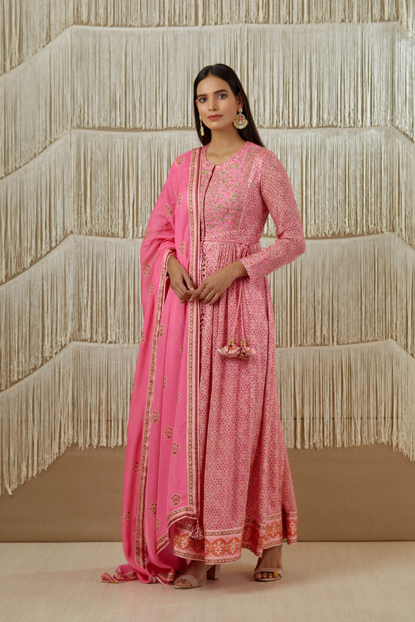 Pink Anarkali set.