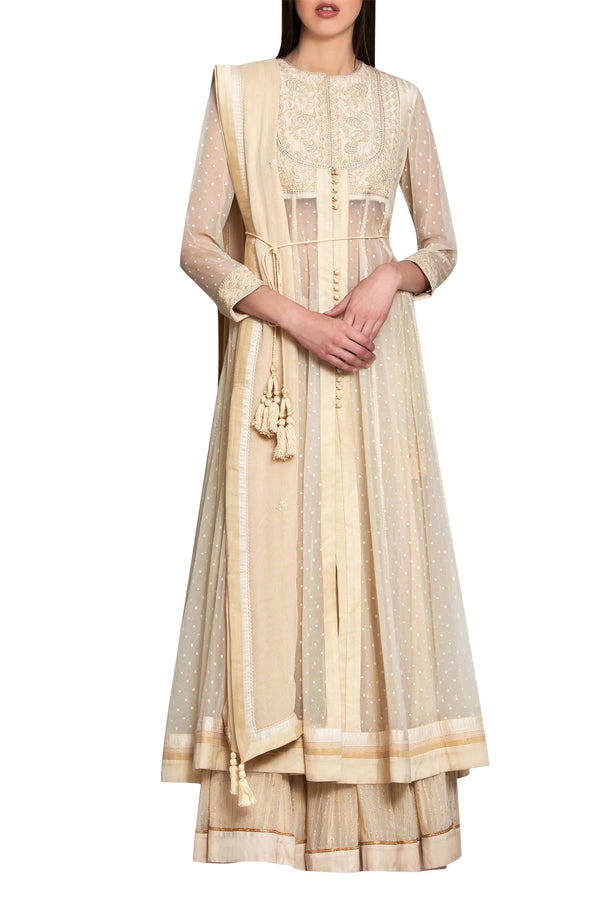 Beige silk, georgette and viscose thread work kurta with lehenga and dupatta