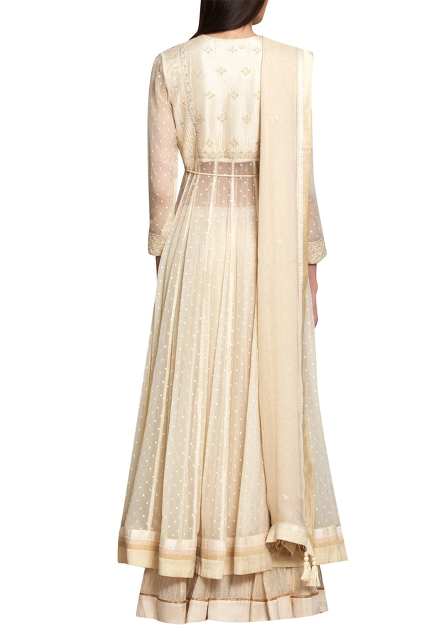 Beige silk, georgette and viscose thread work kurta with lehenga and dupatta