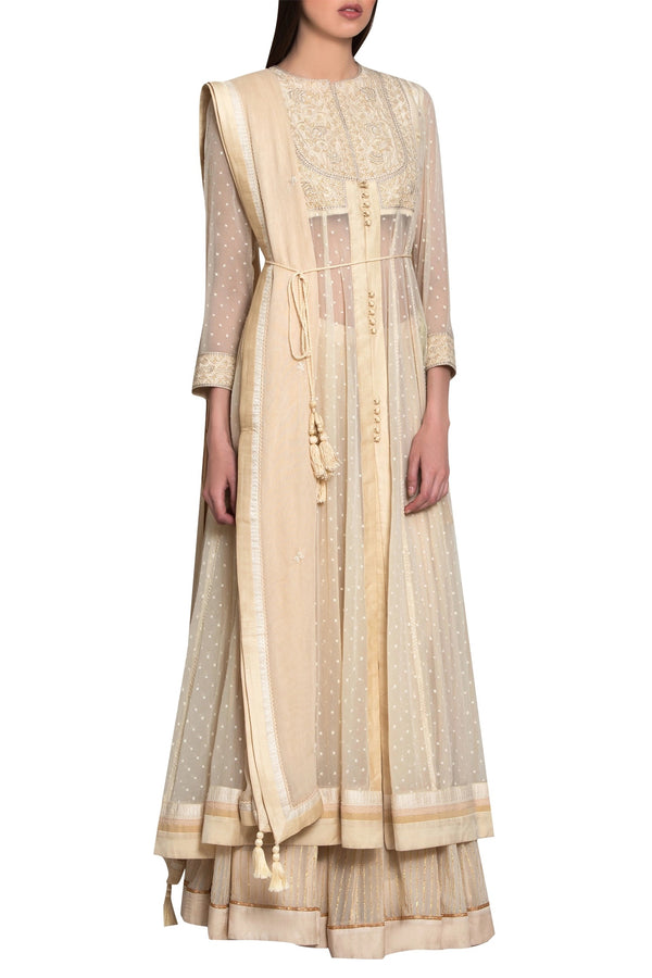 Beige silk, georgette and viscose thread work kurta with lehenga and dupatta