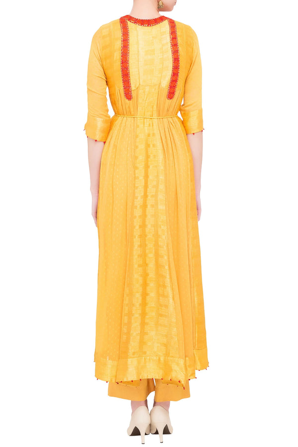 Yellow georgette and viscose silk thread work kurta set