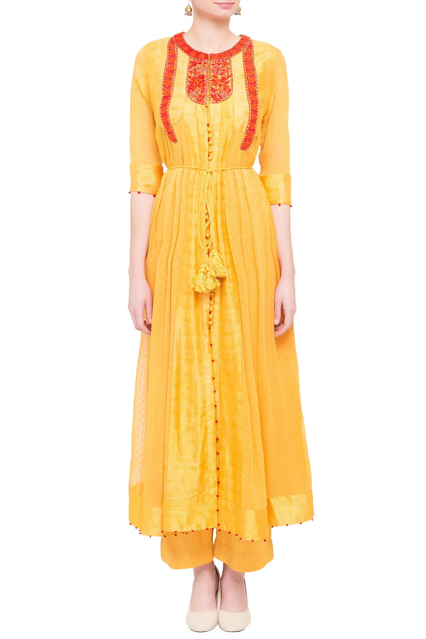 Yellow georgette and viscose silk thread work kurta set