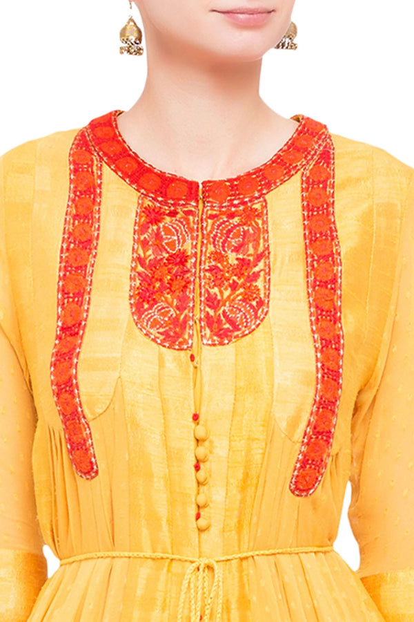 Yellow georgette and viscose silk thread work kurta set