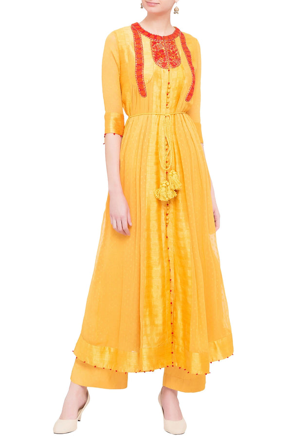 Yellow georgette and viscose silk thread work kurta set