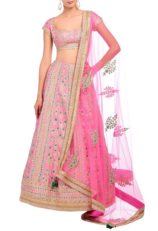 Carnation pink embroidered lehenga set