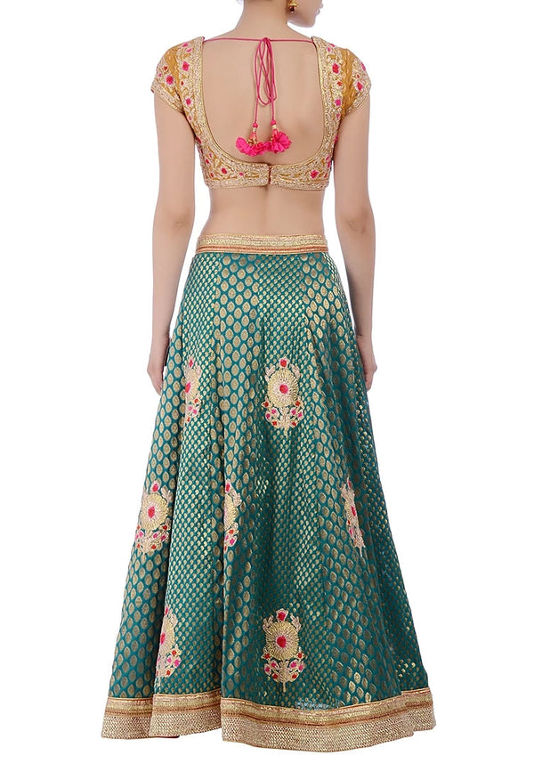 Mustard, green &amp; peachy pink embroidered lehenga set