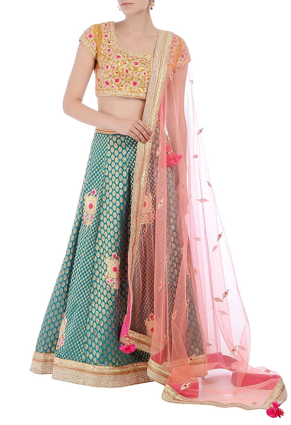 Mustard, green &amp; peachy pink embroidered lehenga set