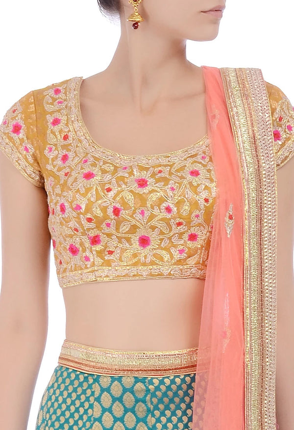 Mustard, green &amp; peachy pink embroidered lehenga set