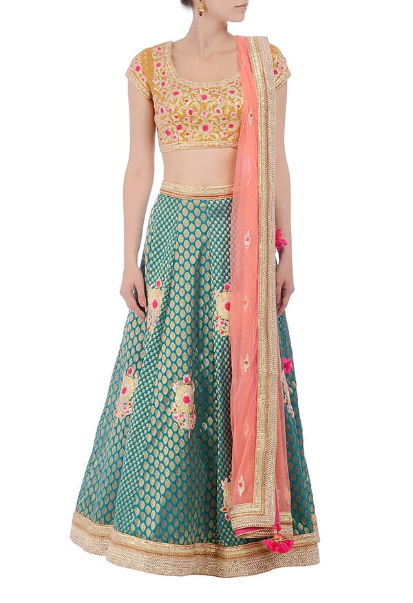 Mustard, green &amp; peachy pink embroidered lehenga set