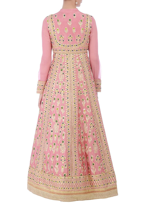 Rose pink and lime green embroidered anarkali set