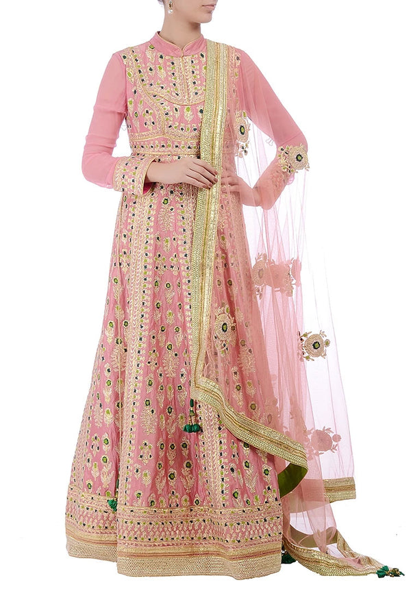 Rose pink and lime green embroidered anarkali set