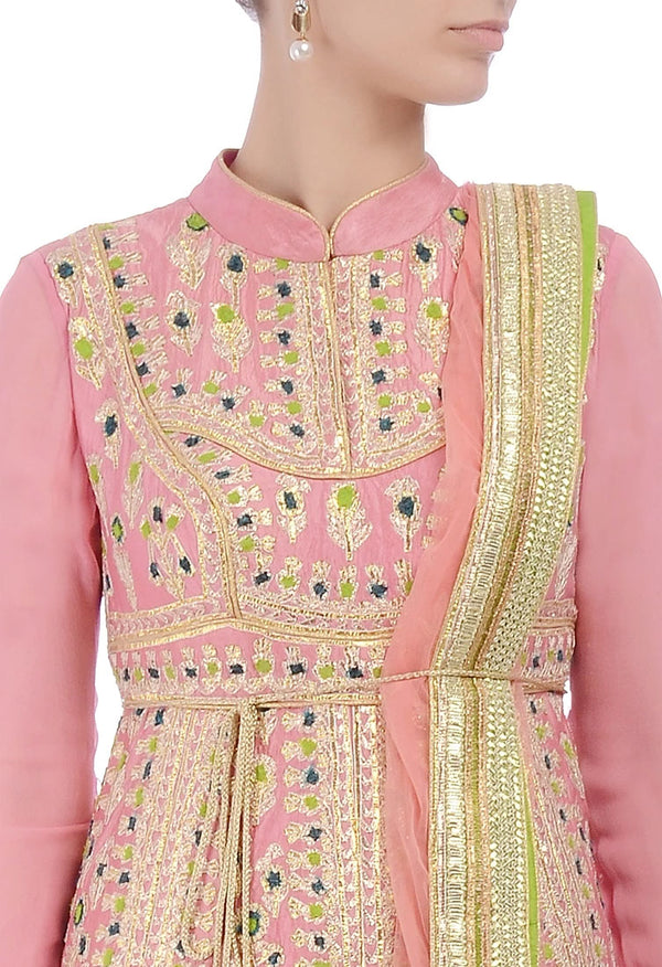 Rose pink and lime green embroidered anarkali set