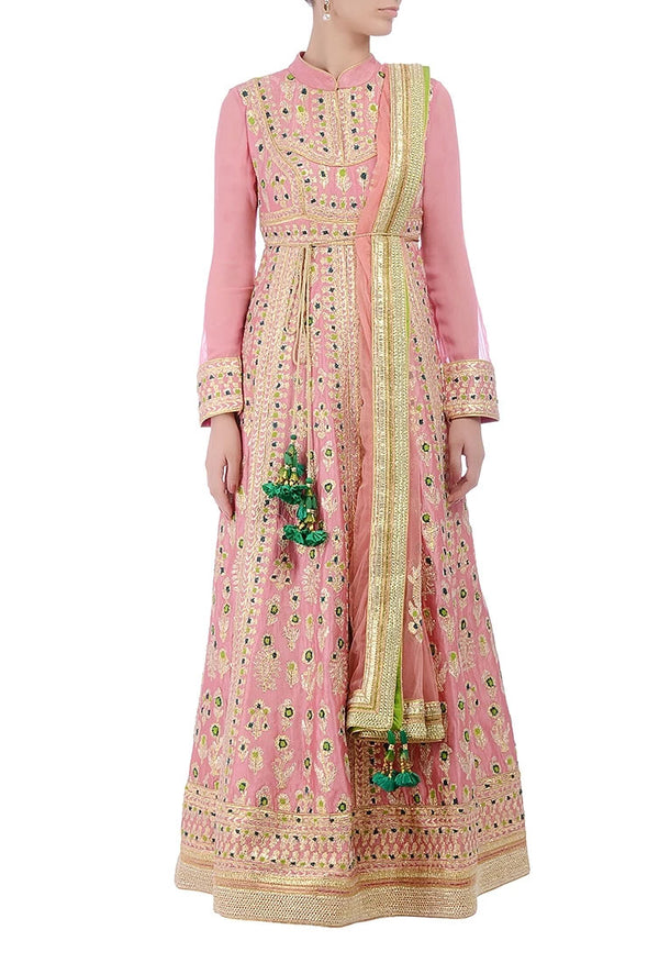 Rose pink and lime green embroidered anarkali set