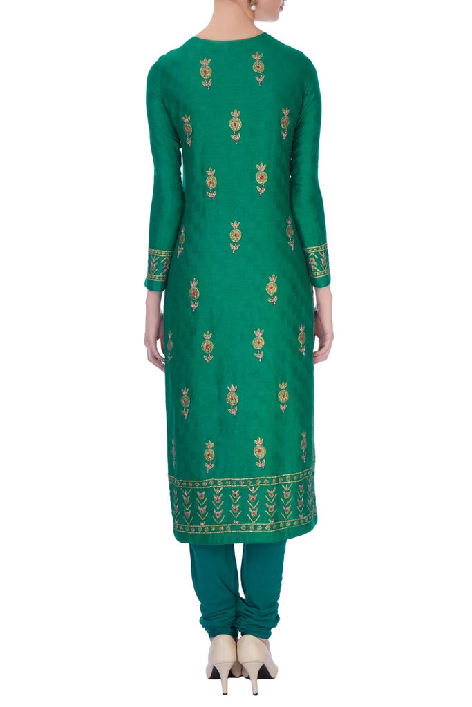 Teal-green gota embroidered viscose silk kurta set