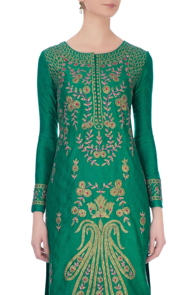 Teal-green gota embroidered viscose silk kurta set