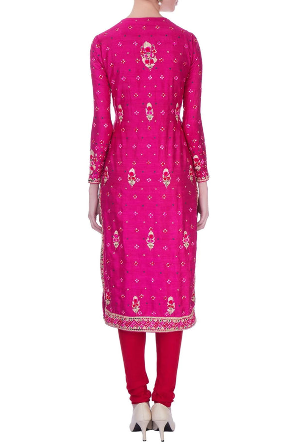 Fuchsia pink gota embroidered viscose silk kurta set