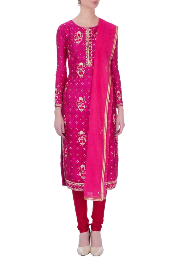 Fuchsia pink gota embroidered viscose silk kurta set