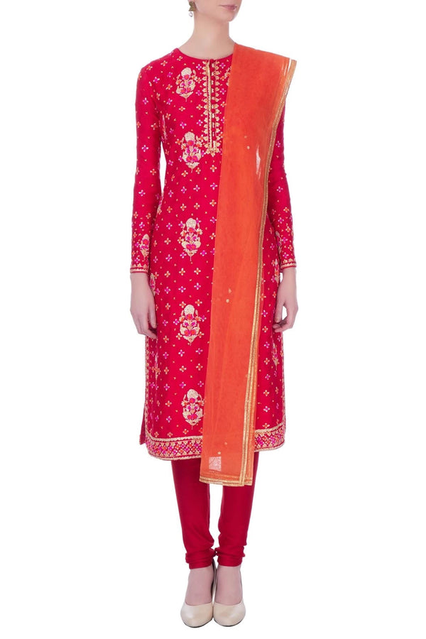 Red viscose silk gota embroidered kurta set