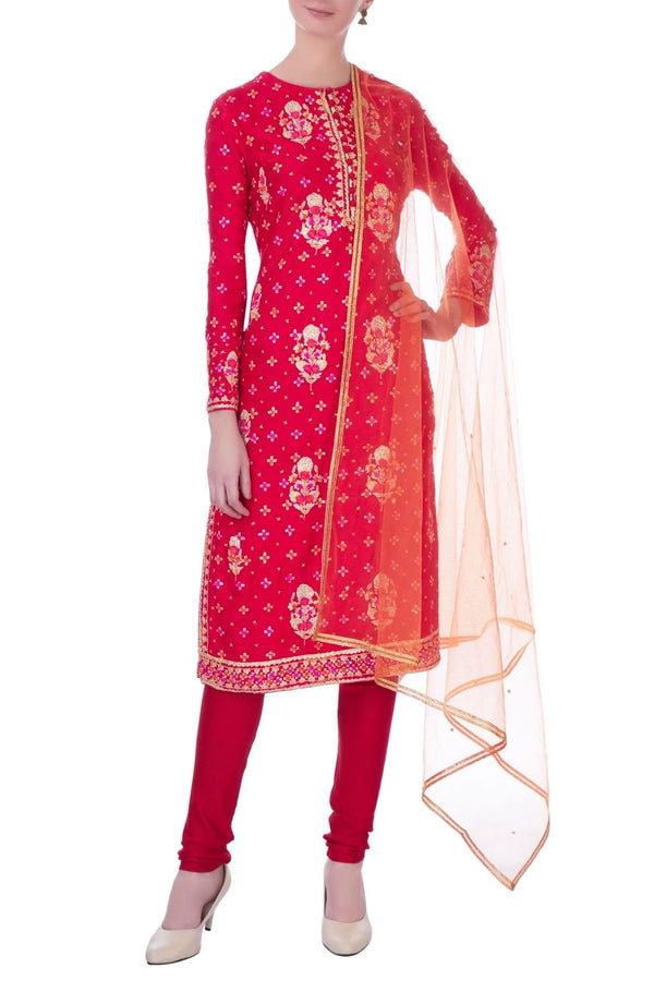 Red viscose silk gota embroidered kurta set