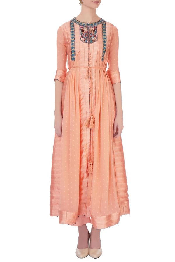 Peach viscose silk embroidered kurta and pants