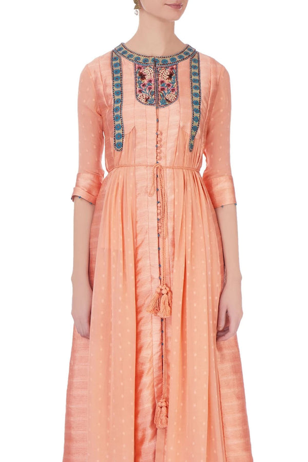 Peach viscose silk embroidered kurta and pants