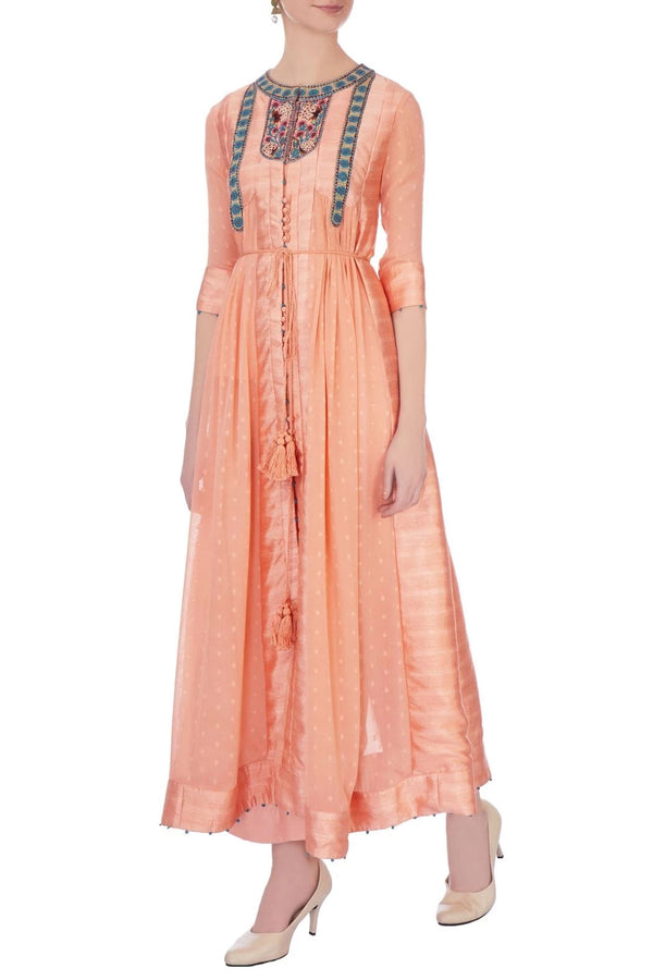 Peach viscose silk embroidered kurta and pants