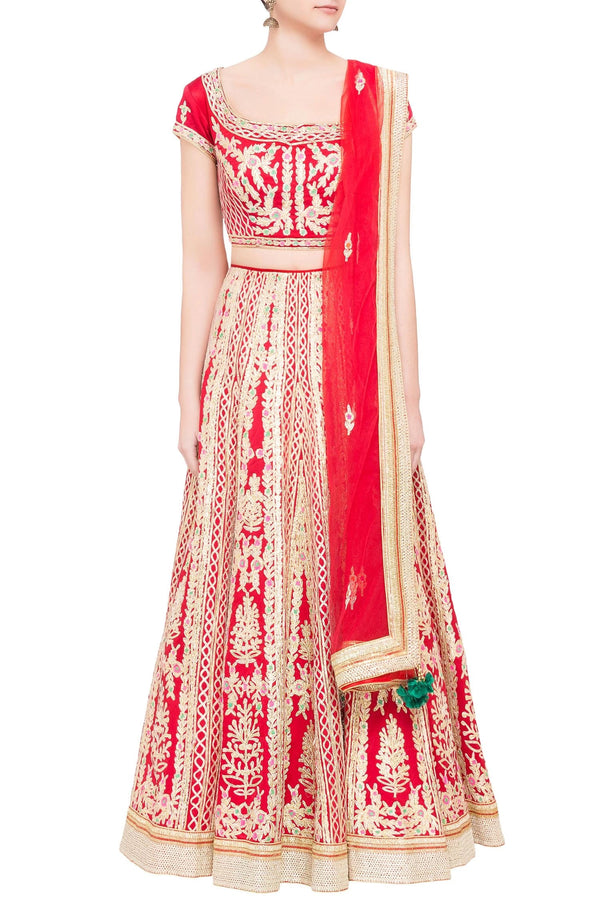 Red silk satin gota work lehenga set