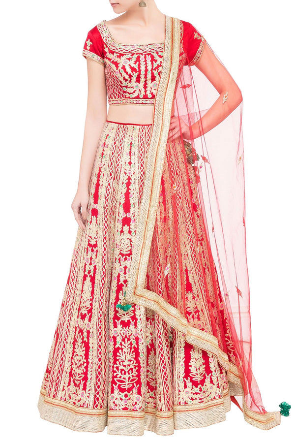 Red silk satin gota work lehenga set