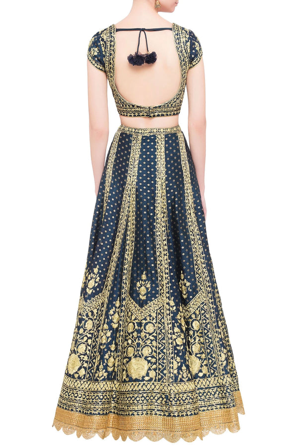 Royal blue brocade dori work lehenga set