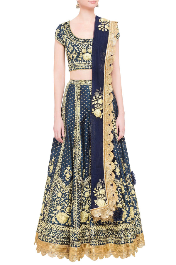 Royal blue brocade dori work lehenga set