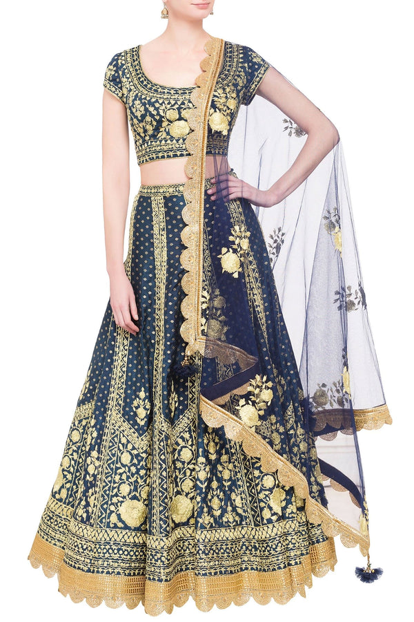 Royal blue brocade dori work lehenga set