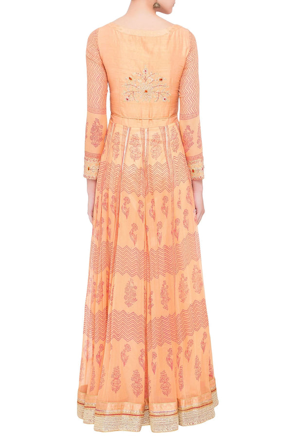 Peach raw silk and georgette gota work anarkali set