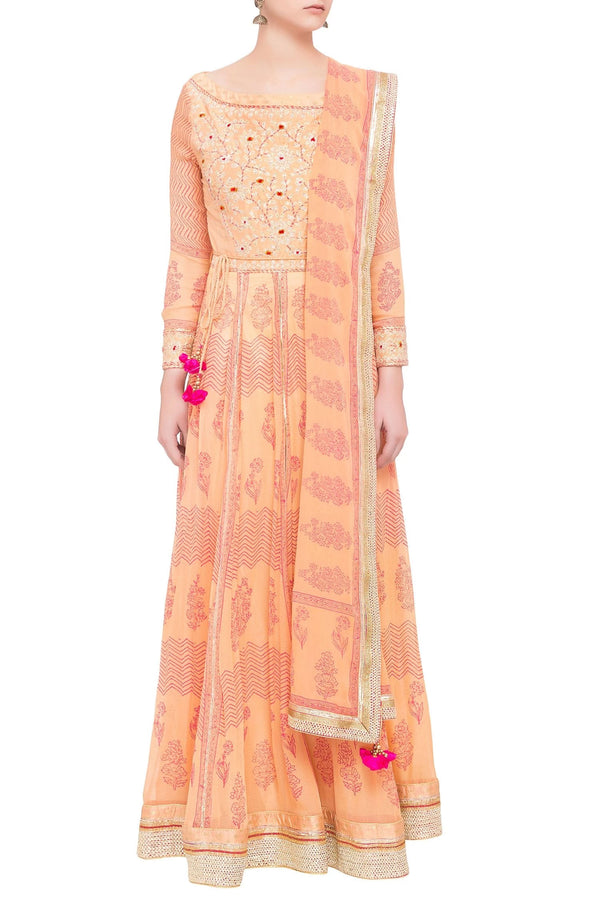 Peach raw silk and georgette gota work anarkali set