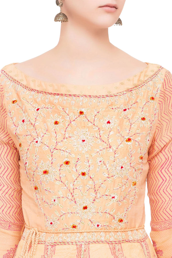 Peach raw silk and georgette gota work anarkali set